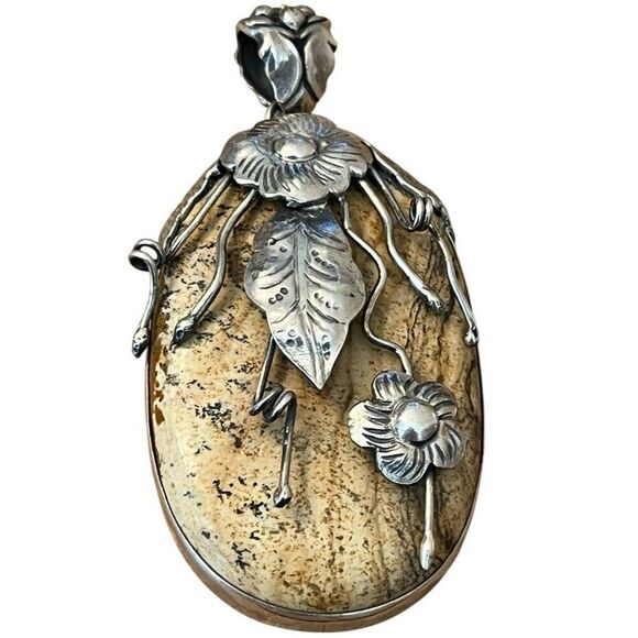 Artisan Large Sterling Silver Picture Jasper Pendant Tan Quartz Flower Necklace - Picture 2 of 8
